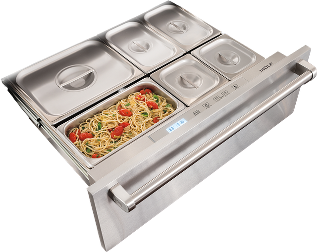 Open warming drawer with food inside