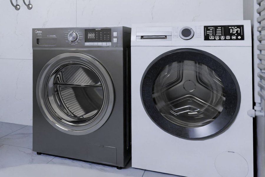 Front-load washer and dryer side by side in a bright marble laundry room